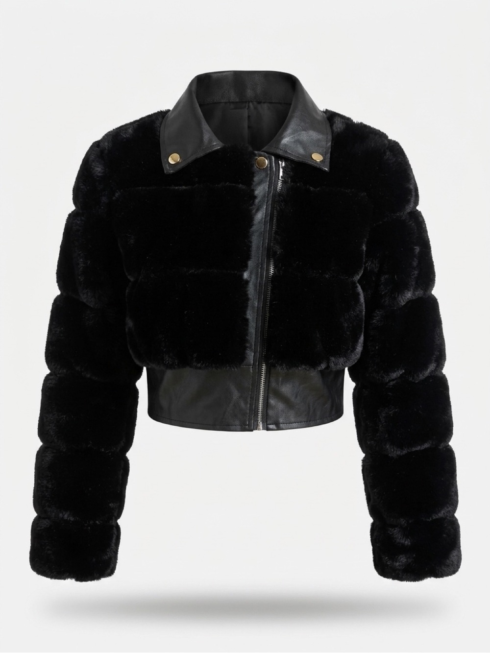SHEIN Black Faux Fur Cropped Teddy Jacket with Leather Trim